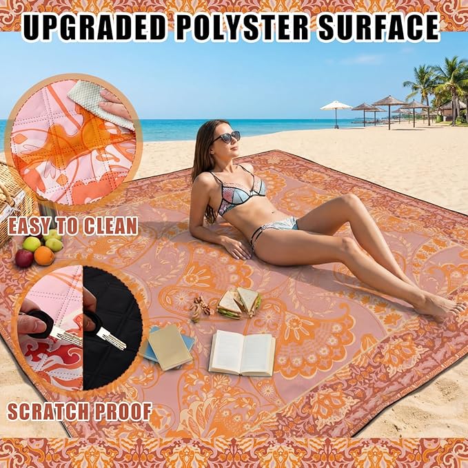 Boho Picnic Blankets 80''x 80'' Extra Large Beach Blanket Waterproof Sandproof Foldable Machine Washable Vintage Grass Lawn Park Mat for Family Camping Party Music Festival