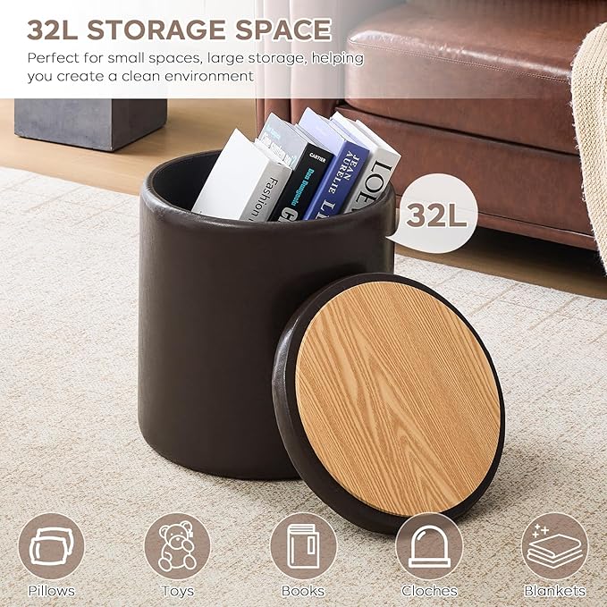 Round Set of 2 14.76" L x 14.76" W x 17.32" H Faux Leather Ottoman with Storage, Small Foot Rest Storage Ottomen with Lid Living Room, Bedroom Vanity Stool Chair, Coffee