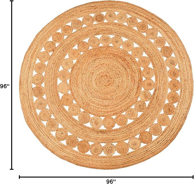 Hand Woven Jute Area Rug - 8' Round - Rustic Beige Reversible Farmhouse Rugs for Bedroom, Kitchen, Living Room - Vintage Natural Braided Entry Floor Décor Circle Boho Round Rugs 8ft