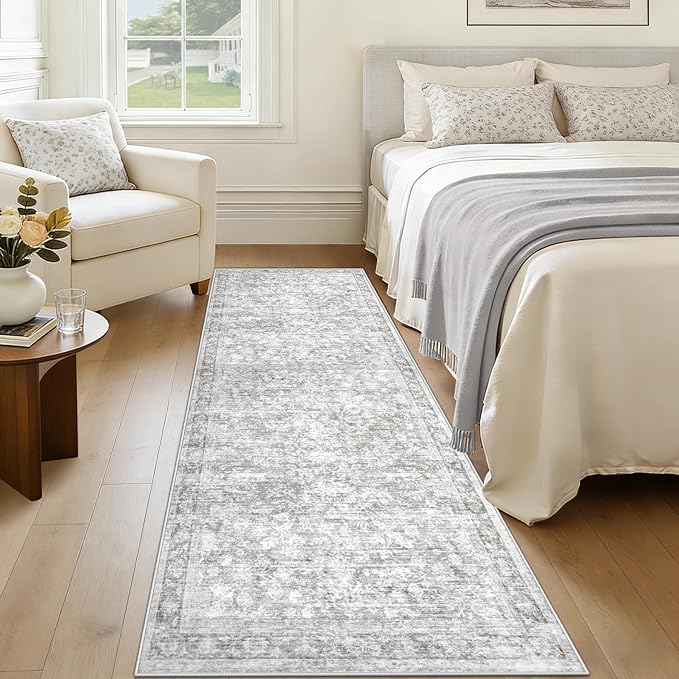 2x8 Hallway Runner Rug: Washable Vintage Floral Entryway Rugs Low Pile Non-Slip Boho Carpet for Kitchen, Bedroom, Bathroom, Dining Room (Grey, 2'x8')