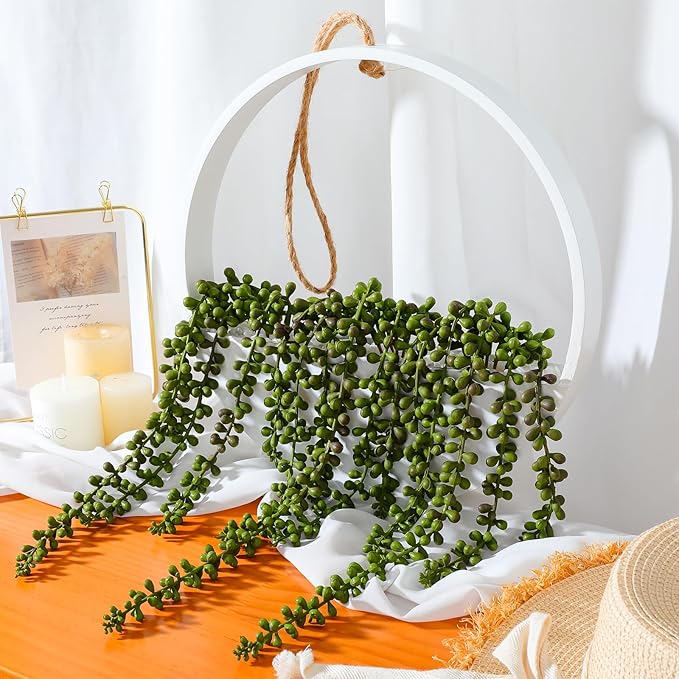 Floweroyal Artificial Succulents Hanging Plants 20.1'' Fake String of Pearls in Pot with 9.4'' Lanyard for Indoor Outdoor Wall Decor (Large).