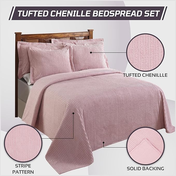 Better Trends Chenille Bedspreads Twin Size, Pink 100% Cotton Chenille Stripe Design Tufted Bedding Coverlet Soft Lightweight, 96"x110" with 1 PC Sham 2 Pieces Set Jullian Collection