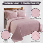 Better Trends Chenille Bedspreads Full/Double Size, Pink 100% Cotton Chenille Stripe Design Tufted Bedding Coverlet Soft Lightweight, 96"x110" with 2 Sham, 3 Pieces Set Jullian Collection