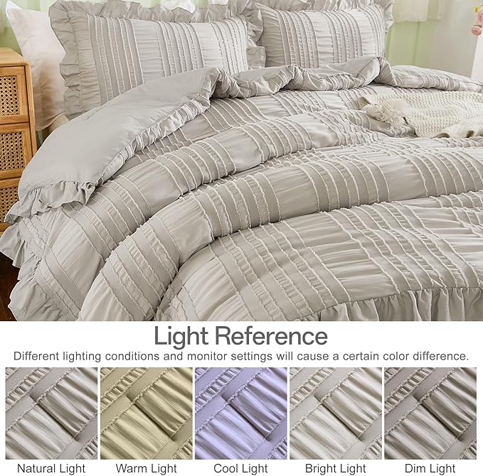 WONGS BEDDING Grey Textured Comforter Set Queen,3 Pieces Ruffle Farmhouse Shabby Chic Comforter for Queen Bed,Soft Seersucker Boho Bedding Set with 1 Ruffle Comforter,2 Tufted Pillowcases 90"×90"