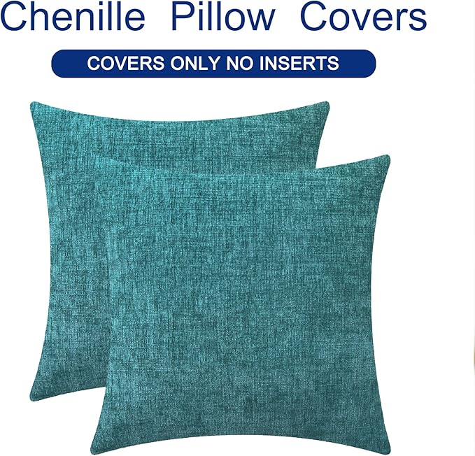 CaliTime Throw Pillow Covers Decorative 22 X 22 Inches Pack of 2 Cotton Thread Stitching Edges Solid Dyed Soft Chenille Cushion Cases for Couch Sofa Bed Living Room Farmhouse Teal