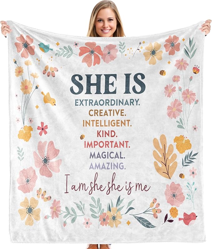 Inspirational Gifts for Women, Boho Inspirational Blanket, Birthday Gifts for Women Sister Grandma, Flower Motivational Positive Throw Blankets for Girly Room Bedroom Home Decor, 50x60 in