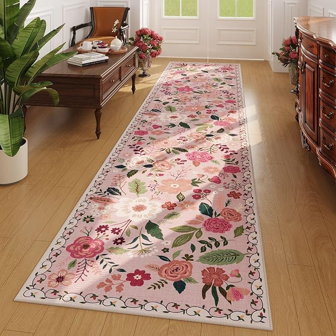 Rugcomf 2x5 Rug Runner - Floral Machine Washable Kitchen Rug, Non-Slip Low Pile Boho Carpet for Hallways, Laundry, Entryway, Bedroom, Bathroom - Pink