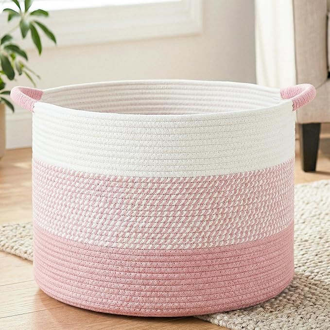 70L Large Cotton Rope Basket, Decorative Woven Blanket Storage for Living Room, Boho Toy Storage & Toy Box for Kids, Versatile Laundry Basket & Nursery Hamper for Blankets(Pink)