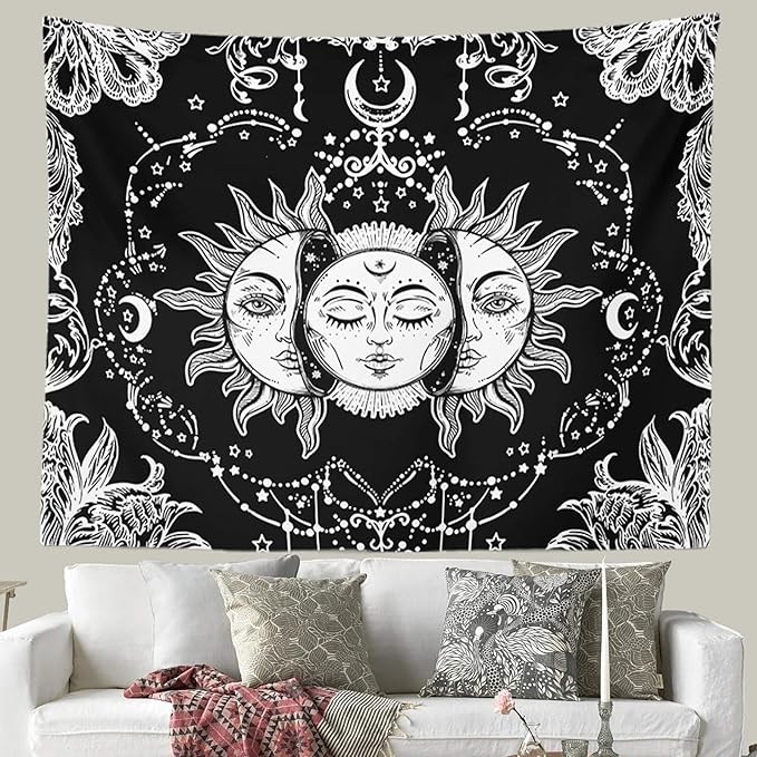 Ftuency Sun and Moon Tapestry Black and White Tapestries Mystic Burning Sun with Star Wall Hanging decor for Bedroom (59.1" W x 59.1" L)
