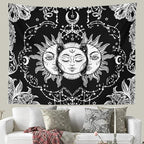 Ftuency Sun and Moon Tapestry Black and White Tapestries Mystic Burning Sun with Star Wall Hanging decor for Bedroom (59.1" W x 59.1" L)