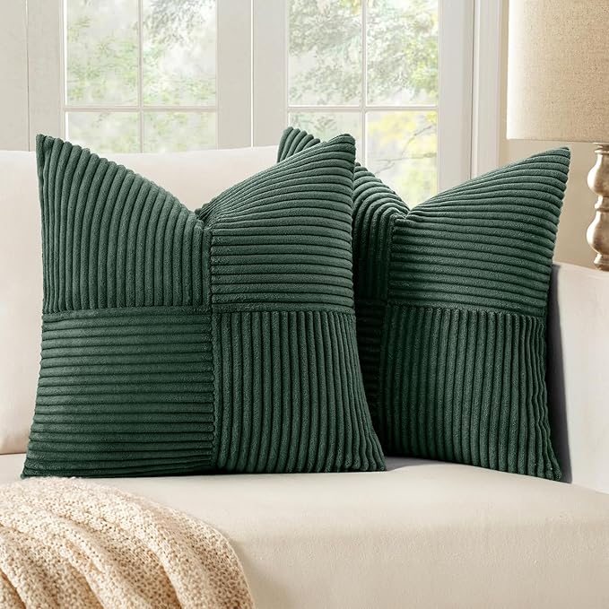 MIULEE Army Green Decorative Throw Pillow Covers 20x20 Inch for Couch Bed Sofa Pack of 2 Boho Farmhouse Throw Pillows Soft Cross Corduroy Patchwork Textured Cushion Cases