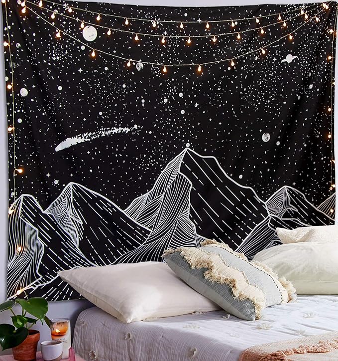 Zussun Black and White Tapestry Starry Night Mountain Tapestries for Bedroom Aesthetic Moon and Stars Tapastry's Wall Hanging Dark Nature Forest Wall Tapestry for Living Room Dorm (Dark, 60'' × 50'')
