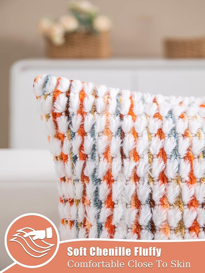 Boho Lumbar Pillow Covers Set of 2-12x20 Inch Orange Farmhouse Tufted Long Boho Throw Pillows, Neutral Fluffy Modern Pillow Cases Rectangle Accent Pillowcase for Couch Bed Sofa Home Decor