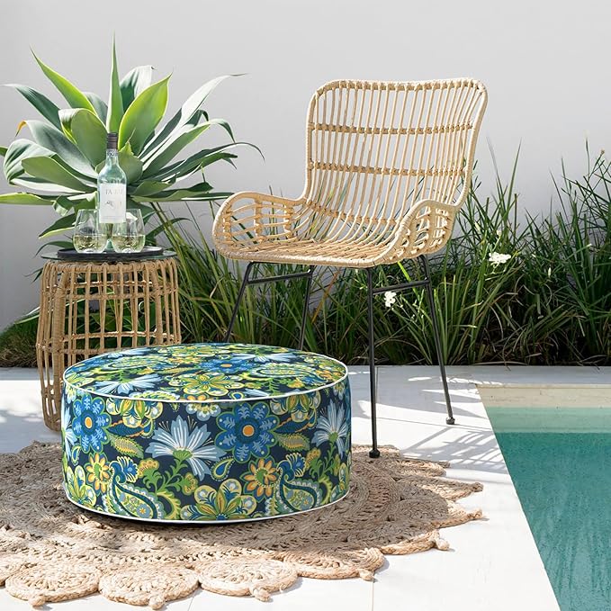 TWELAR Indoor/Outdoor Inflatable Ottoman with Handle, Decorative Fade-Resistant Round Footstool D21 x H9 inch, Portable Ottoman Pouf for Patio Garden Camping, Flower Child