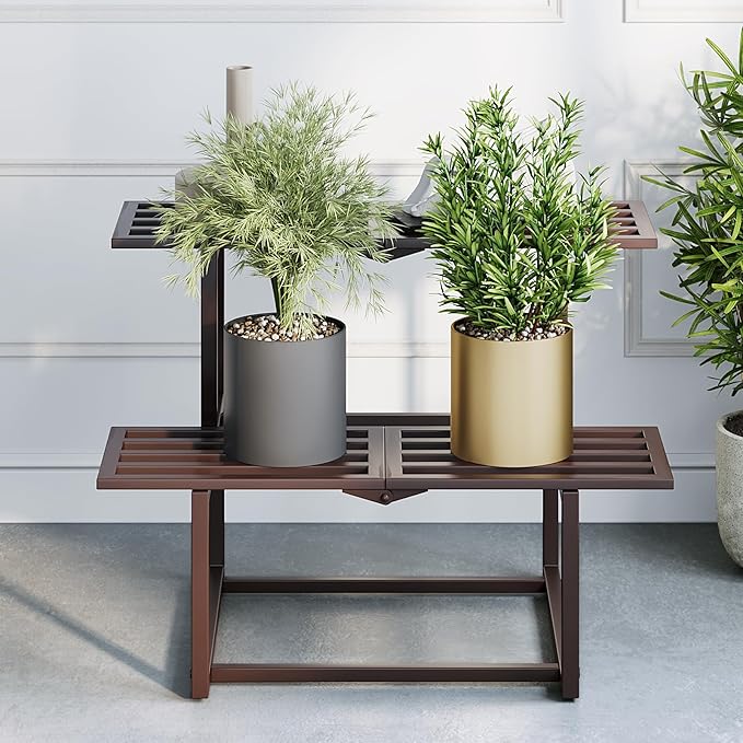Plant Stand Indoor Outdoor, Foldable Metal Plant Shelf for Multiple Pots, Mid Century Slatted Bench for Patio Garden, Heavy Duty Capacity 330 lbs 2 Tier Coffee