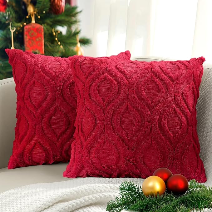 decorUhome Cozy Textured Euro Sham Throw Pillow Covers 24x24 Inch Set of 2, Soft Plush Faux Wool Red Accent Couch Pillow Covers for Modern Farmhouse Sofa Bed Living Room