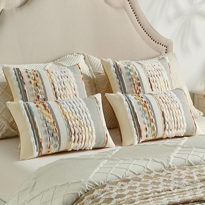FUTEI Rust Blue Yellow Accent Throw Pillow Covers Set of 2, 18x18 Inch Plush Tufted Striped Textured Decorative Cushion Cases for Farmhouse Boho Couch Decor