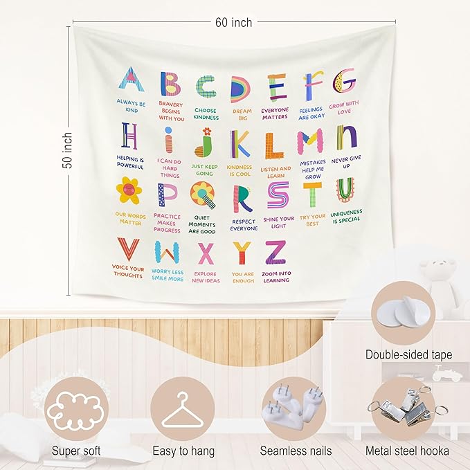 WARDOS Alphabet Nursery Inspirational Tapestry, Boho Kids Tapestry Wall Hanging, ABC Alphabet Inspirational Educational Wall Blanket Decor for Toddler Kids Room Nursery Playroom Classroom, 50x60 Inch