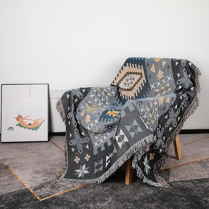 Snycler Boho Throw Blanket for Bed 50 * 60inch Woven Blanket Cotton Polyester Farmhouse Decor for Indoor Outdoor Sofa Bedroom Garden，All Season(Blue)