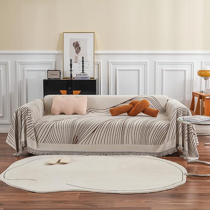 VClife XL Sofa Cover Chenille Couch Cover for 3 Cushion Couch Sofa, Modern Beige Chocolate Striped Couch Covers for Kids Washable Sectional Sofa Protector with Tassel 71"X134"