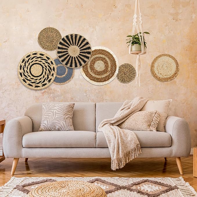 7 Pack Boho Wall Basket Decor Set, Hanging Woven Seagrass Rattan Wicker Boho Wall Decor, Round Farmhouse Wall Hanging Baskets Rustic Flat Wall Art for Living Room Bedroom Kitchen