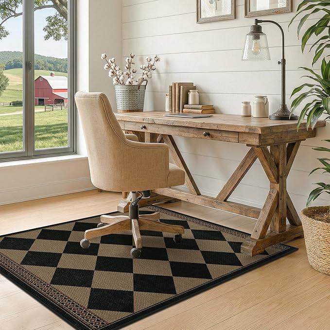 3x4 Checkered Outdoor Rug, Easy Jute Indoor Throw Rug for Entryway, Diamond Farmhouse Front Porch Rug, Boho Washable Non Slip Scandinavian Brown Black Mat for Kitchen, Patio, Bedroom, Backyard