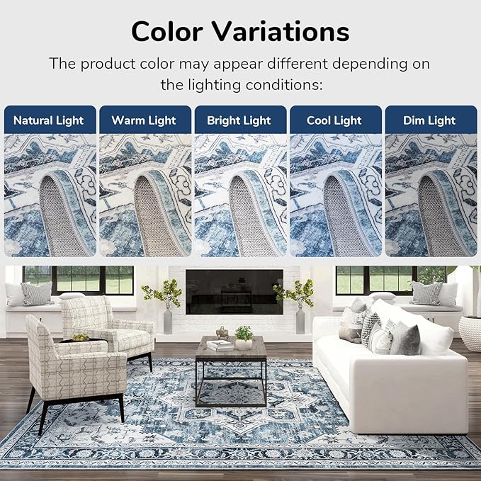 Lessymo 9×12 Area Rugs Washable for Living Room, Large Soft Indoor Rug Non-Slip for Bedroom Kitchen Dining Room Dorm Nursery, Vintage Boho Carpet Stain Resistant for Office Home Decor, Blue/White