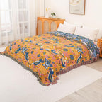 Queen Size Throw Blanket for Bed 100% Cotton Boho Oversized Soft Cozy Muslin Quilt Blanket Double Bird and Florals, Vintage Farmhouse Cottage Woven Blankets for Bedding Couch,80"×90"- Blue&Yellow