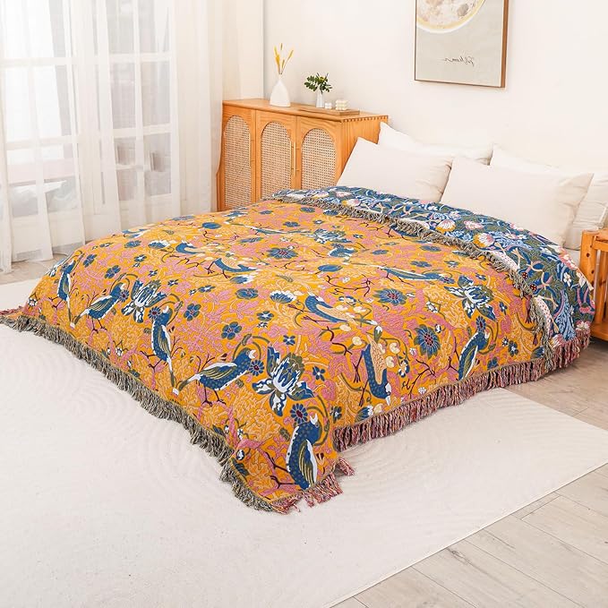 Queen Size Throw Blanket for Bed 100% Cotton Boho Oversized Soft Cozy Muslin Quilt Blanket Double Bird and Florals, Vintage Farmhouse Cottage Woven Blankets for Bedding Couch,80"×90"- Blue&Yellow