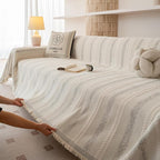 VClife Chenille Sofa Cover Bohemian Striped Pattern Couch Cover for Oversized Sofa - Cream and Gray Textured Sofa Slipcover Washable Furniture Protector for Couch Decorative Couch Cushion Cover