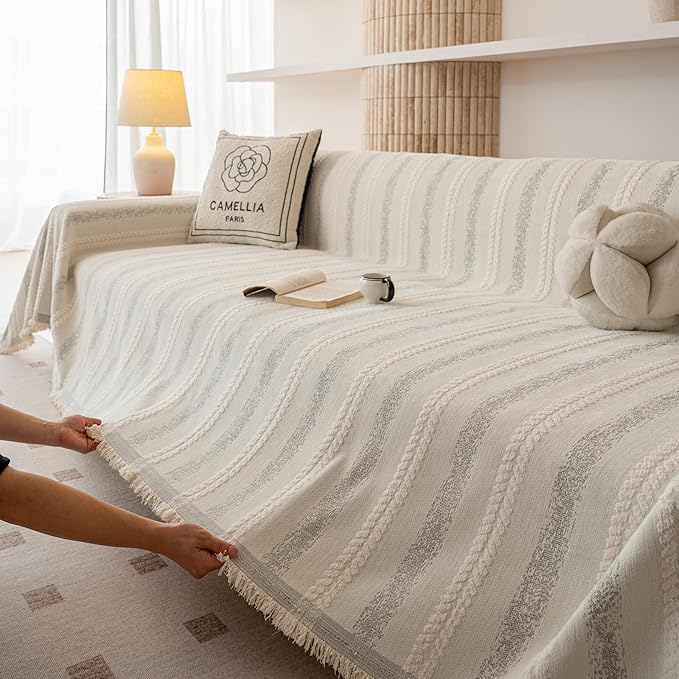 VClife Chenille Sofa Cover Bohemian Striped Pattern Couch Cover for Oversized Sofa - Cream and Gray Textured Sofa Slipcover Washable Furniture Protector for Couch Decorative Couch Cushion Cover
