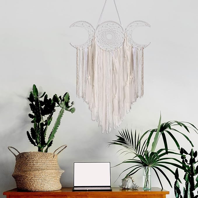 ANROYE White Triple Moon Goddess Macrame Wall Hanging, Boho Crescent Dream Catcher, Bohemian Dreamcatcher for Women Bedroom, Woven Tapestry-Witchcraft Gift, Pagan Decor for Adults Decoration