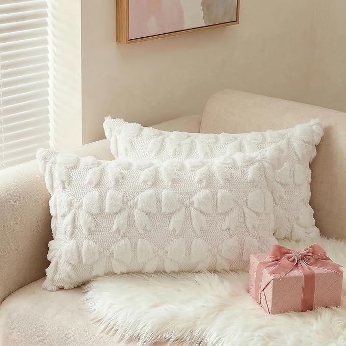 AVOIN colorlife Cream White Spring Bow Throw Pillow Covers Set of 2, 12 x 20 Inch Coquette Aesthetic Room Decor Soft Plush Faux Fur Cushion Case for Girls Room