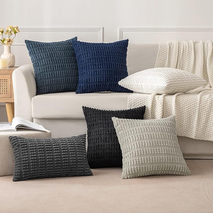 MIULEE Pack of 2 Corduroy Decorative Throw Pillow Covers 20x20 Inch Soft Boho Striped Pillow Covers Modern Farmhouse Home Decor for Summer Coastal Sofa Living Room Couch Bed Blue