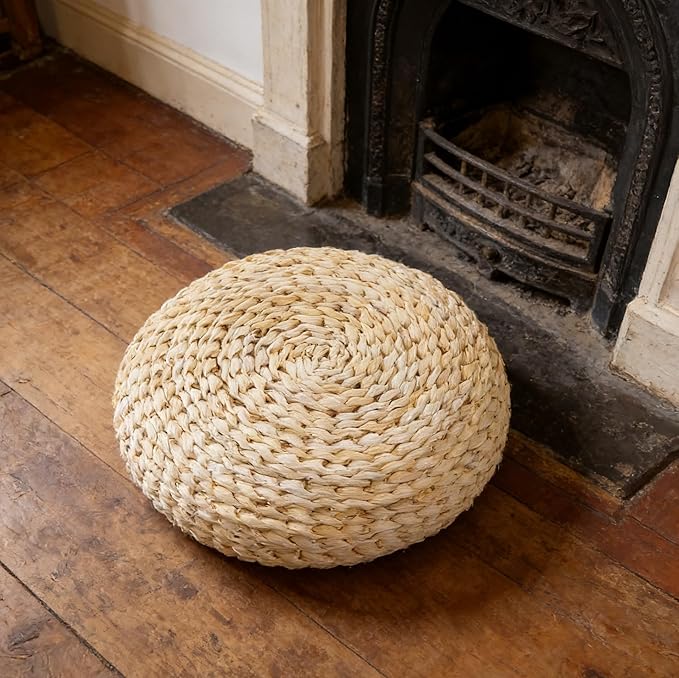 Round Straw Braid Cushion 11.81 Inch Handwoven Yoga Meditating Seat Pad with Breathable Space Cotton Filling for Home Tatami Floor and Windowsill