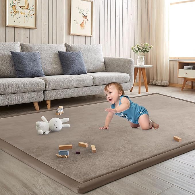 Baby Play Mat for Floor Nursery Rug Muscle Mat Area Rug Playroom Rug 71"x79" Playpen Mat Memory Foam 1.3" Thick Crawling Mat for Babies,Toddlers, Infants, Kids,Camel