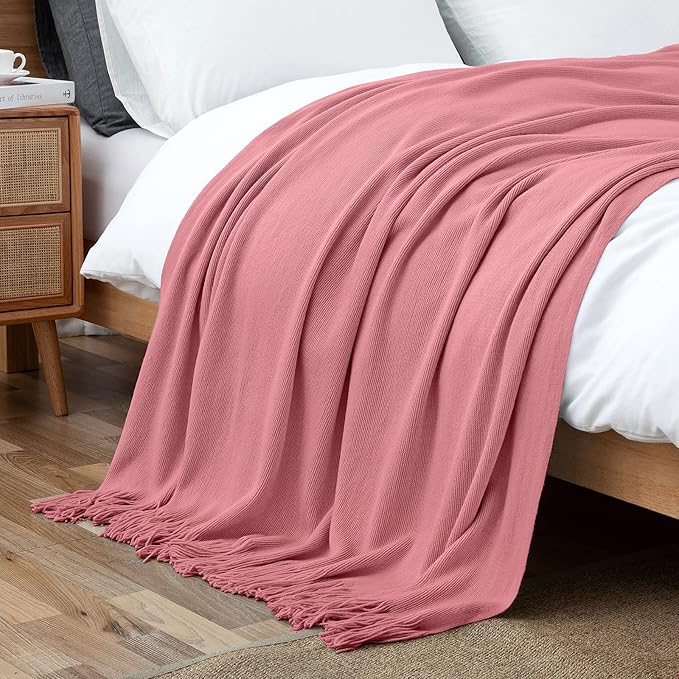 Vonty Dusty Pink Knitted Blanket with Tassels Fringe 50" x 60", Super Soft Knit Throw Blanket, Farmhouse Decorative Lightweight Blanket for Couch, Sofa, Bed