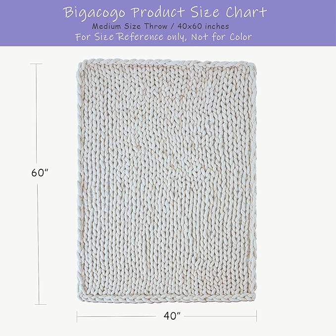 Bigacogo Chunky Knit Throw Blanket for Couch, 40x60 inches, 100% Hand Knitted with Thick Jumbo Chenille Yarn, Cozy Soft Large Rope Knot Cable Crochet Blankets for Sofa Bed Living Room, Rose Tan