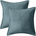 MIULEE Decorative Throw Pillow Covers for Couch Bed Livingroom 16x16 Inch Set of 2 Dusty Blue Boho Accent Throw Pllows Broadside Striped Patchwork Soft Corduroy Summer Coastal Pillowcases