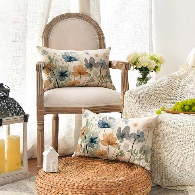 AVOIN colorlife Poppy Flowers Chinoiserie Throw Pillow Covers, 12 x 20 Inch Light Brown Blue Seasonal Leaves Cushion Case Decoration for Sofa Couch Set of 2