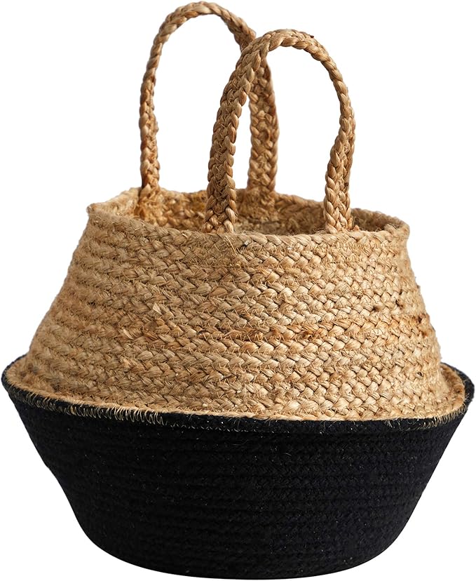 Nearly Natural 14in. Boho Chic Handmade Cotton & Jute Black Woven Basket Planter, Beige