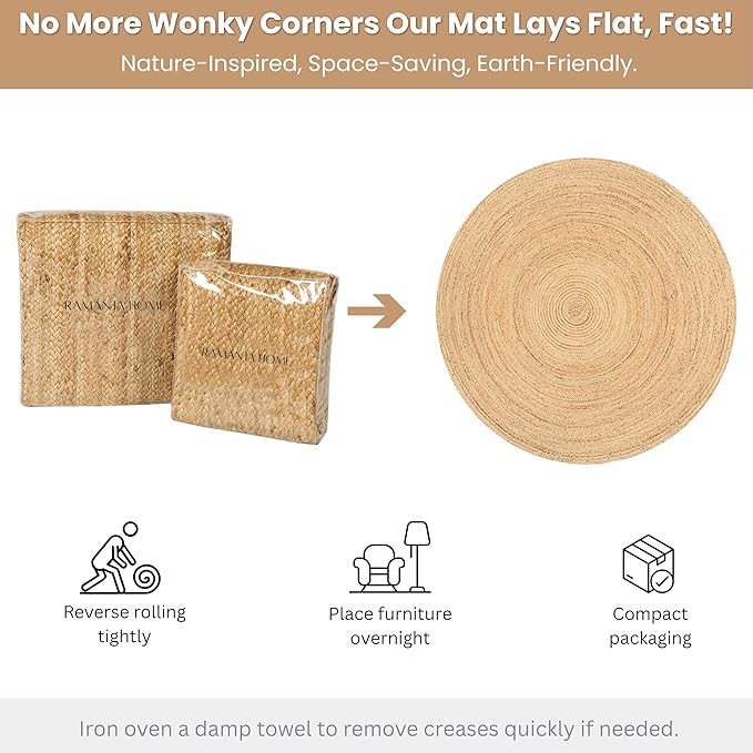 Ramanta Home Hand Woven Jute Braided Rug 4' Round - Natural, Farmhouse Accent Circle Reversible Rugs for Kitchen, Nursery, Kids Room, Boho Floor Carpet for Living Room, Patio - 4 Feet Round