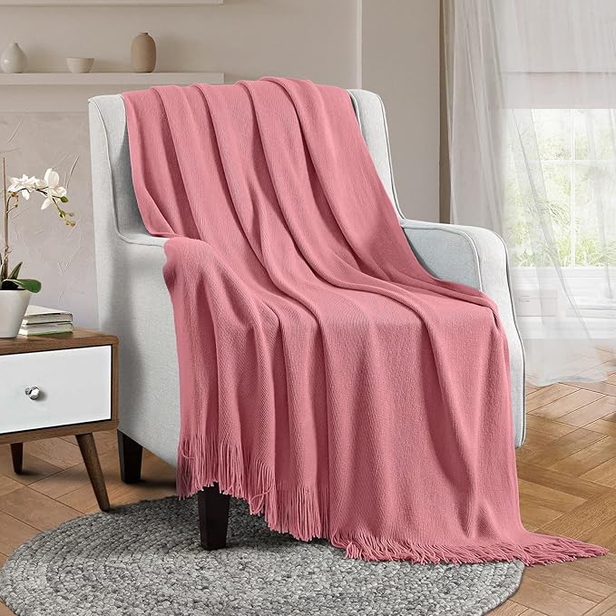 Vonty Dusty Pink Knitted Blanket with Tassels Fringe 50" x 60", Super Soft Knit Throw Blanket, Farmhouse Decorative Lightweight Blanket for Couch, Sofa, Bed