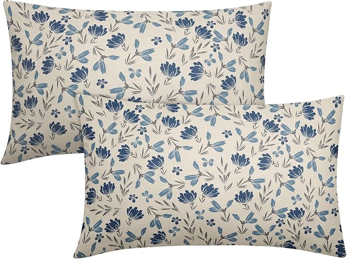 Blue Grey Gray Floral Pillow Covers 12x20 Set of 2 Vintage Rustic Old Style Cute Small Flower Print Rectangle Decorative Outdoor Pillowcases Farmhouse Throw Cushion Case Decor for Couch Sofa Bed