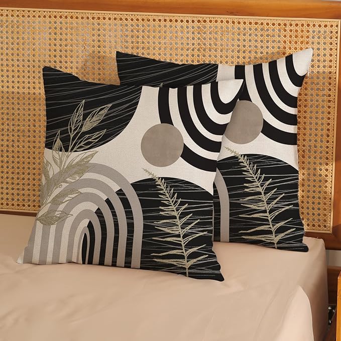 Boho Black Pillow Covers 18x18 Set of 2 Gold Leaf Tropical Mid Century Throw Pillows Outdoor Bohemian Abstract Modern Decorative Pillow Cases Farmhouse Linen Cushion Case for Couch Sofa Decor