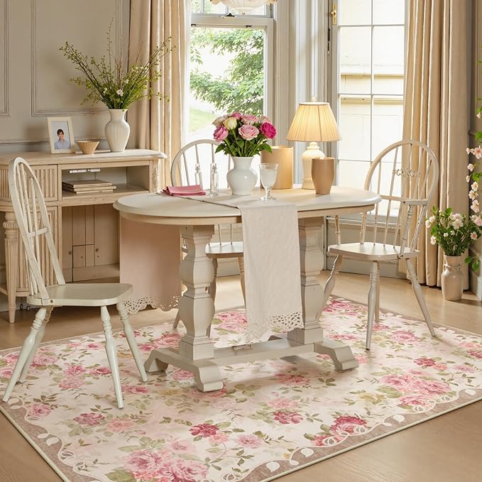 Lahome Floral Washable 3x5 Rug, Small Rugs for Bedroom Soft Non-Slip,Entry Way Rugs Indoor Low Pile Carpet for Nursery Kids Playroom Nina Beige/Pink/Multi