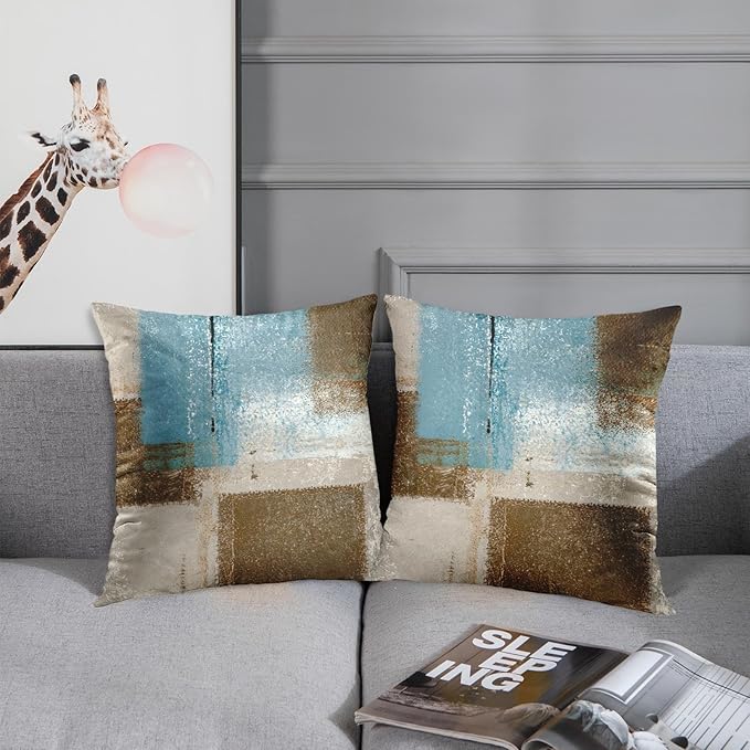 Britimes Throw Pillow Covers Modern Home Art Decor, 18 x 18 Inches Set of 2 Pillow Cases Decorative, Abstract Oil Painting Pillowcases for Bedroom, Living Room, Cushion Couch Sofa, Beige Blue