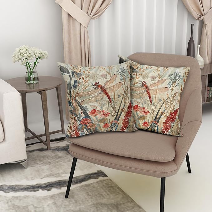 Kawani Summer Dragonfly Pillow Covers 20X20 Inch Red Floral Flower Botanical Nature Decorative Pillow Cases Set of 2 Vintage Farmhouse Throw Pillows for Cushion Sofa Couch Outdoor