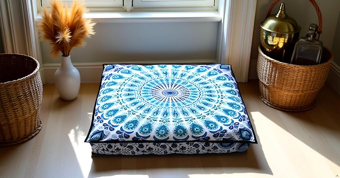 INDIAN CRAFT CASTLE 24" Green Peacock Mandala Barmeri Large Floor Pillow Cover Cushion Meditation Seating Ottoman Throw Cover Hippie Decorative Zipped Bohemian Pouf Ottoman Pom Pom Cases 24" Square