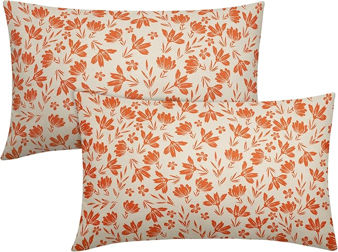 Orange Floral Pillow Covers 12x20 Set of 2 Vintage Rustic Old Style Cute Flower Cream Print Rectangle Decorative Outdoor Pillowcases Fall Farmhouse Throw Cushion Case Couch Sofa Bed Decor